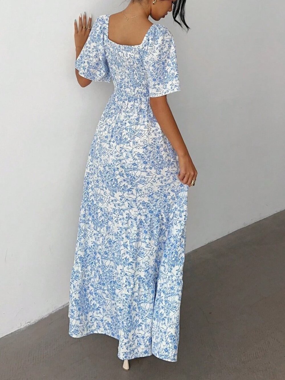 Baby Blue Boho Women's Short Sleeve Vacation Beach Music Festival Floral Dress - Picture 2 of 7